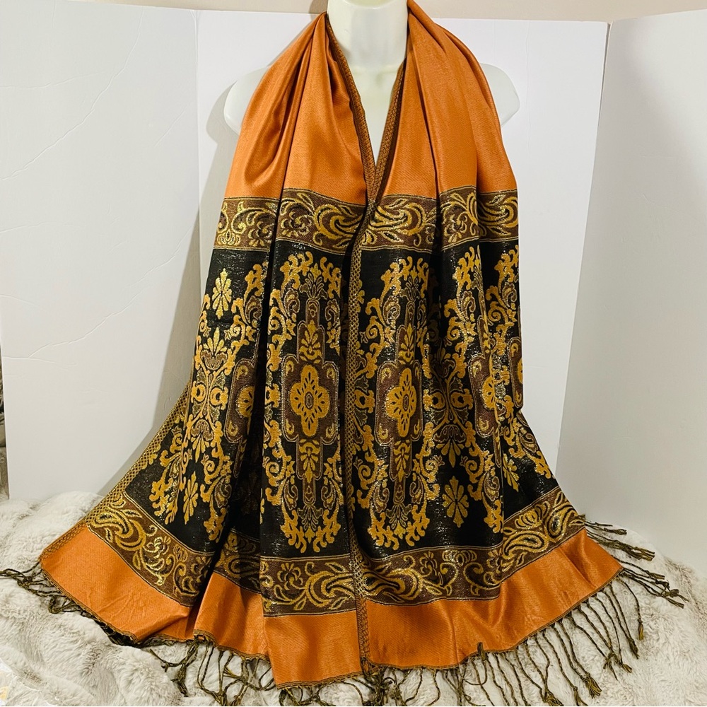 Elegant Orange and Black Paisley Scarf, Shawl, Wrap with Fringe NEW